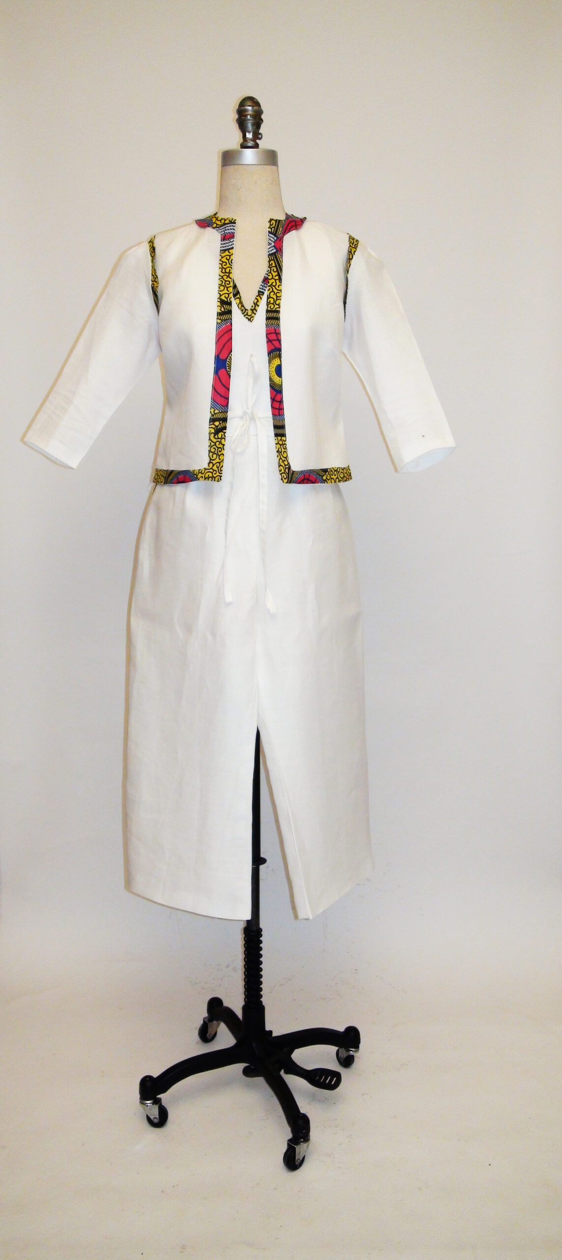 White Linen Crop Jacket and Tuxedo Culotte Trimmed in African-Inspired Cotton Fabric