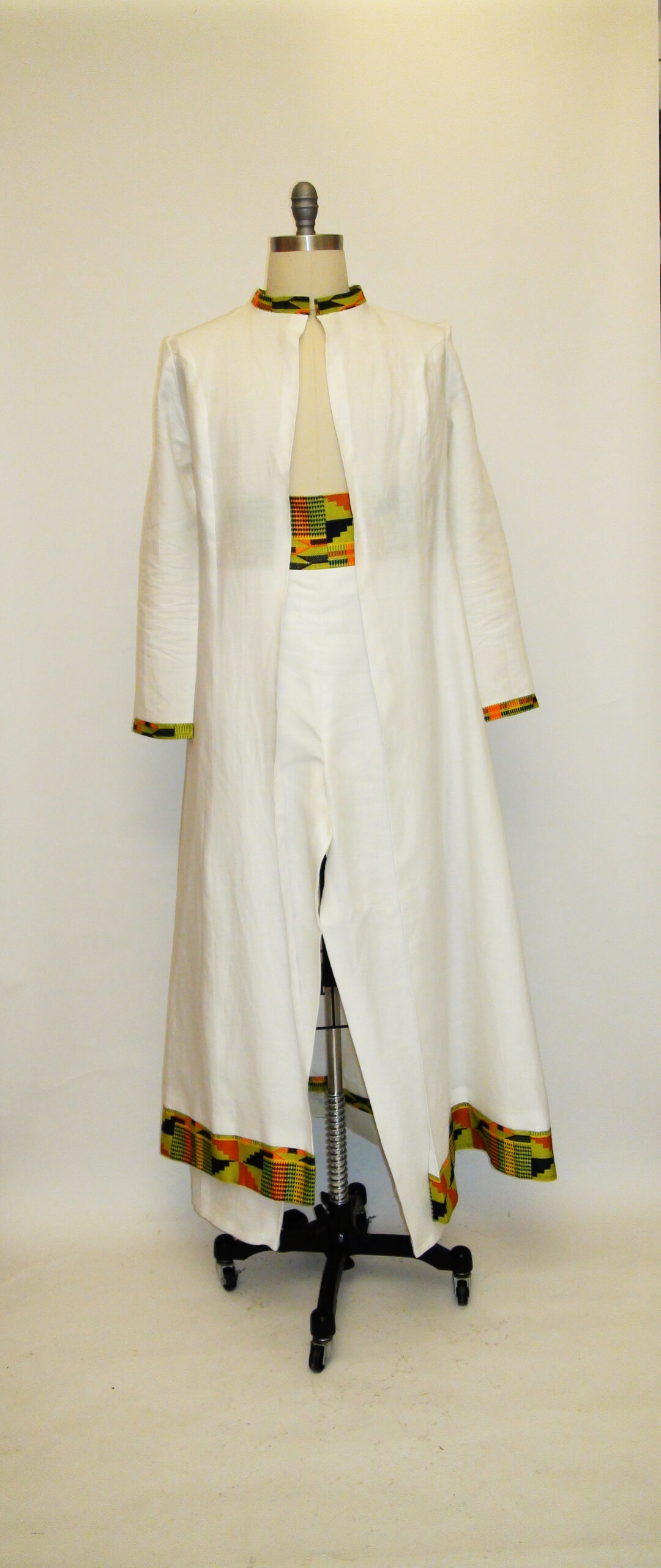 Linen Duster and Pant Trimmed In African-inspired Kente Print.