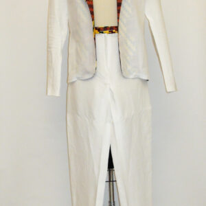 Unlined White Linen Blazer and Tuxedo Pant Trimmed African-Inspired Cotton Fabric