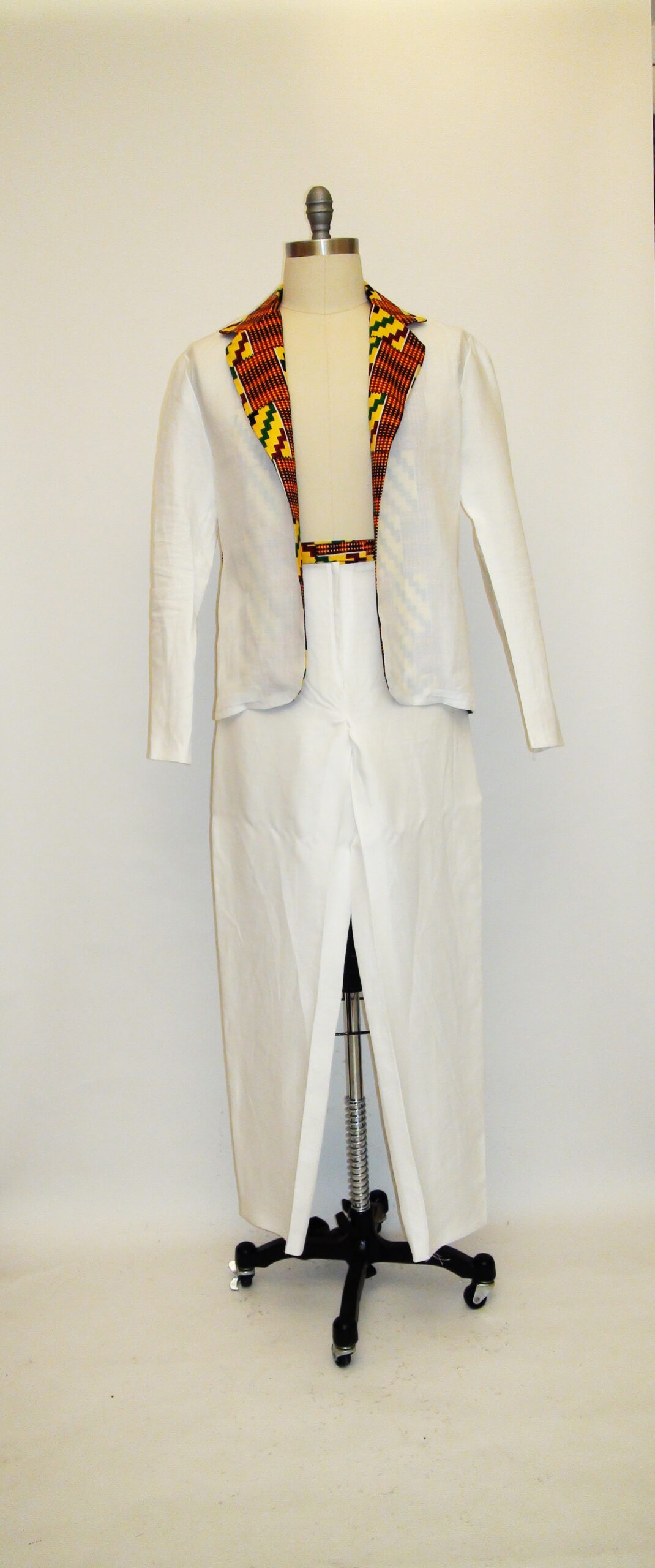Unlined White Linen Blazer and Tuxedo Pant Trimmed African-Inspired Cotton Fabric