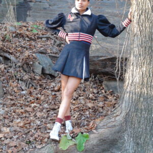 Cropped Hooded Bomber Jacket And Tennis Skirt - White Mesh Lined Black Wool Trimmed In Red, White And Blue
