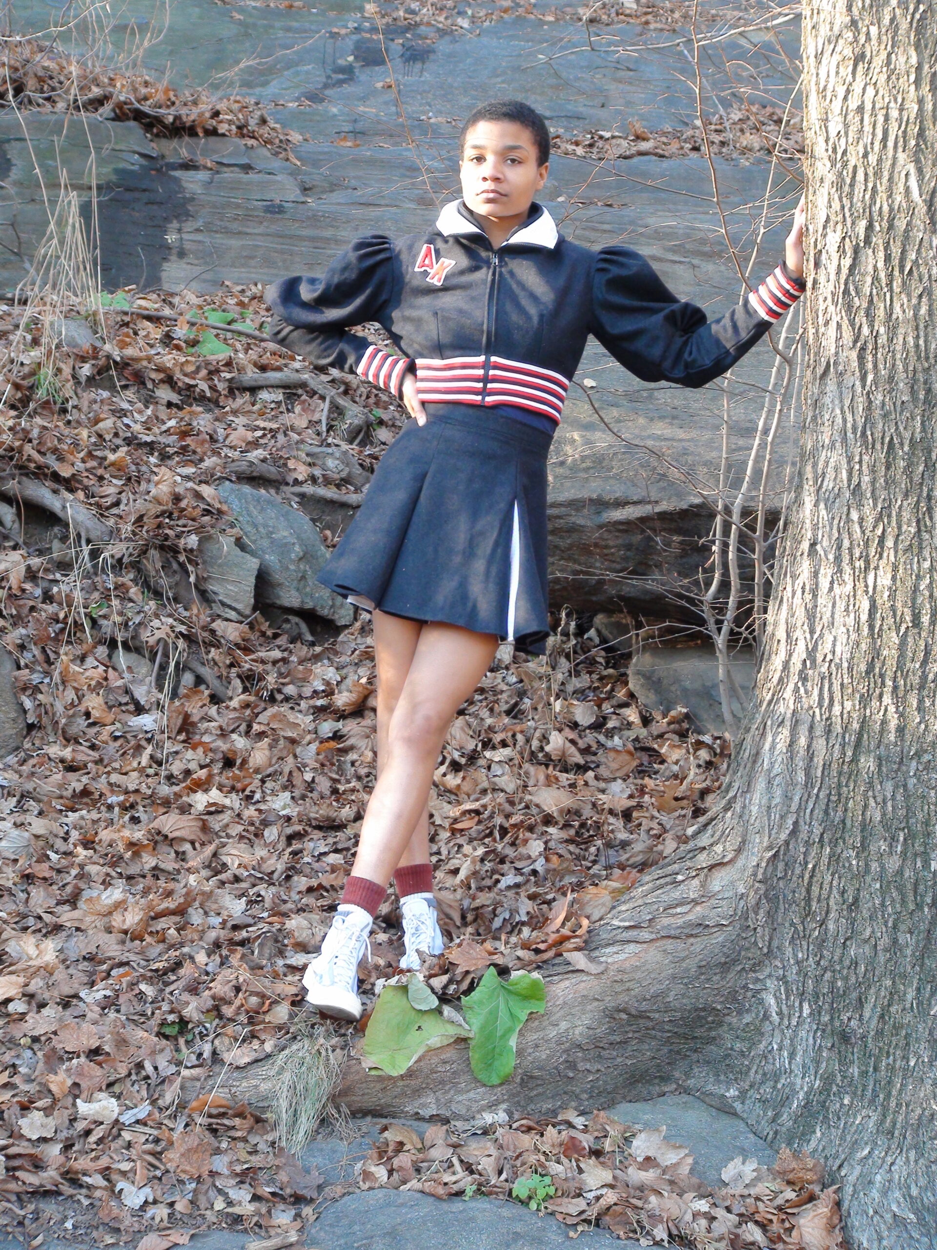 Cropped Hooded Bomber Jacket And Tennis Skirt - White Mesh Lined Black Wool Trimmed In Red, White And Blue