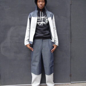 Pant and Jacket - blue denim, grey jersey, black wool Hoodie - black poly-blend
