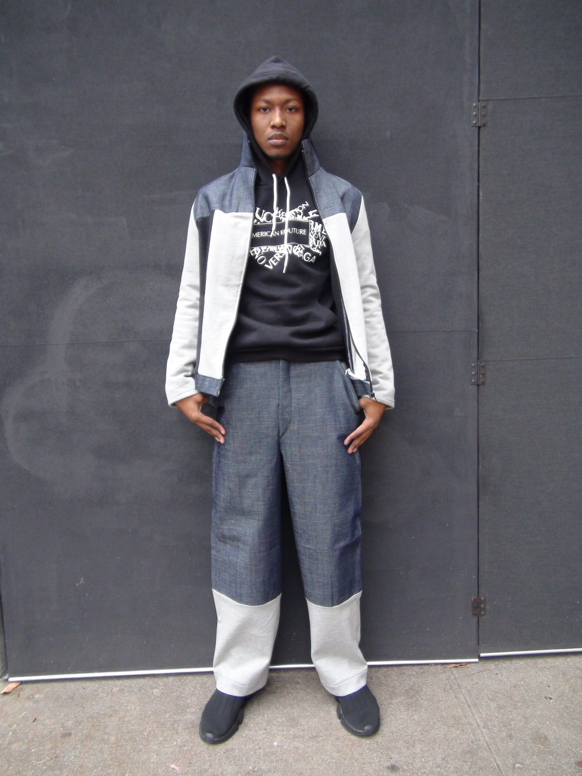Pant and Jacket - blue denim, grey jersey, black wool Hoodie - black poly-blend