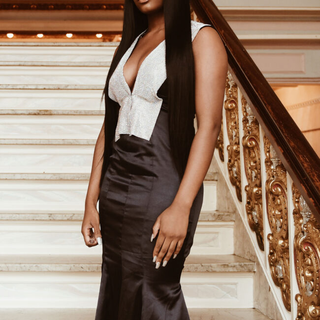 Riann in Prom Gown by Stairs